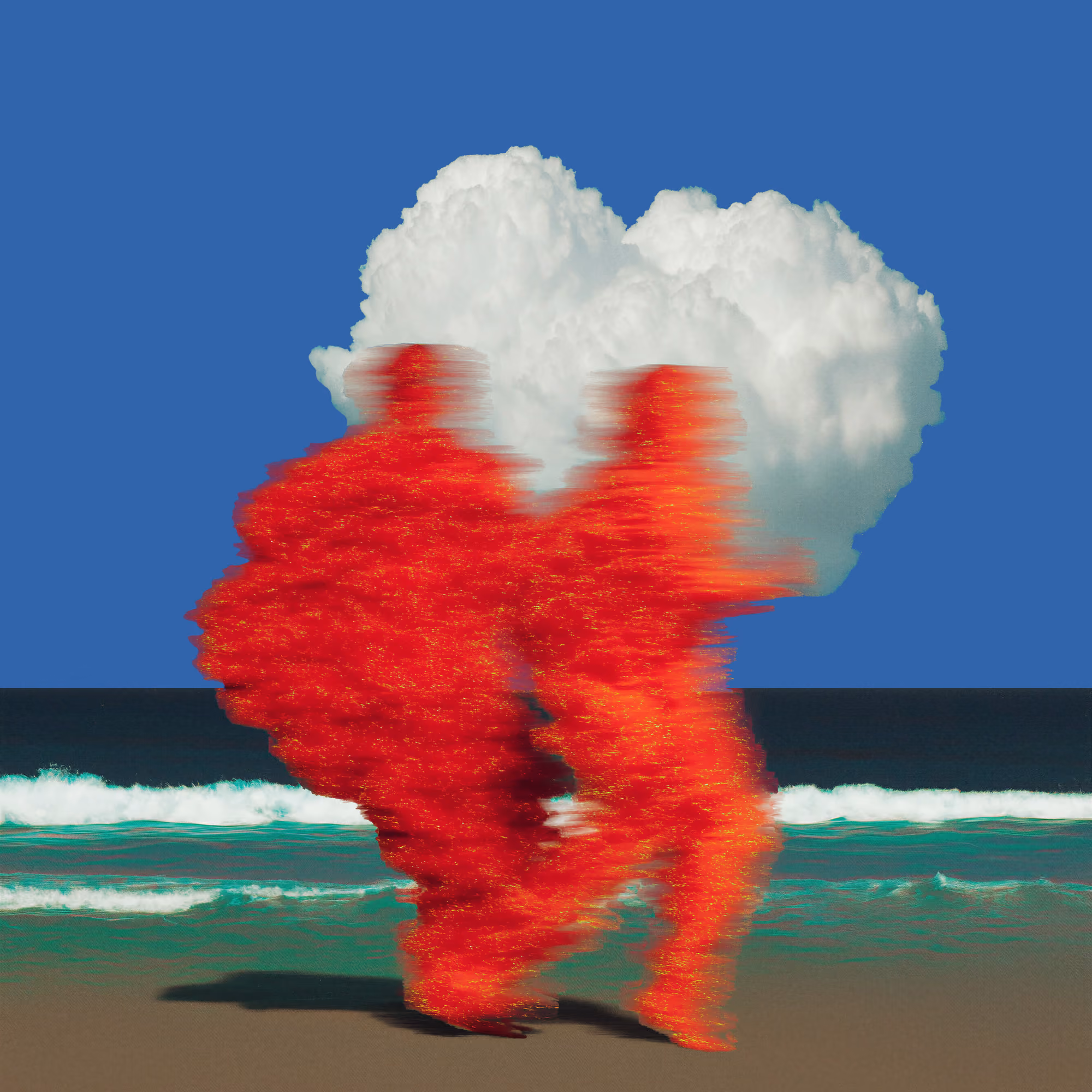 Two blurred red figures walking on a beach under a white cloud