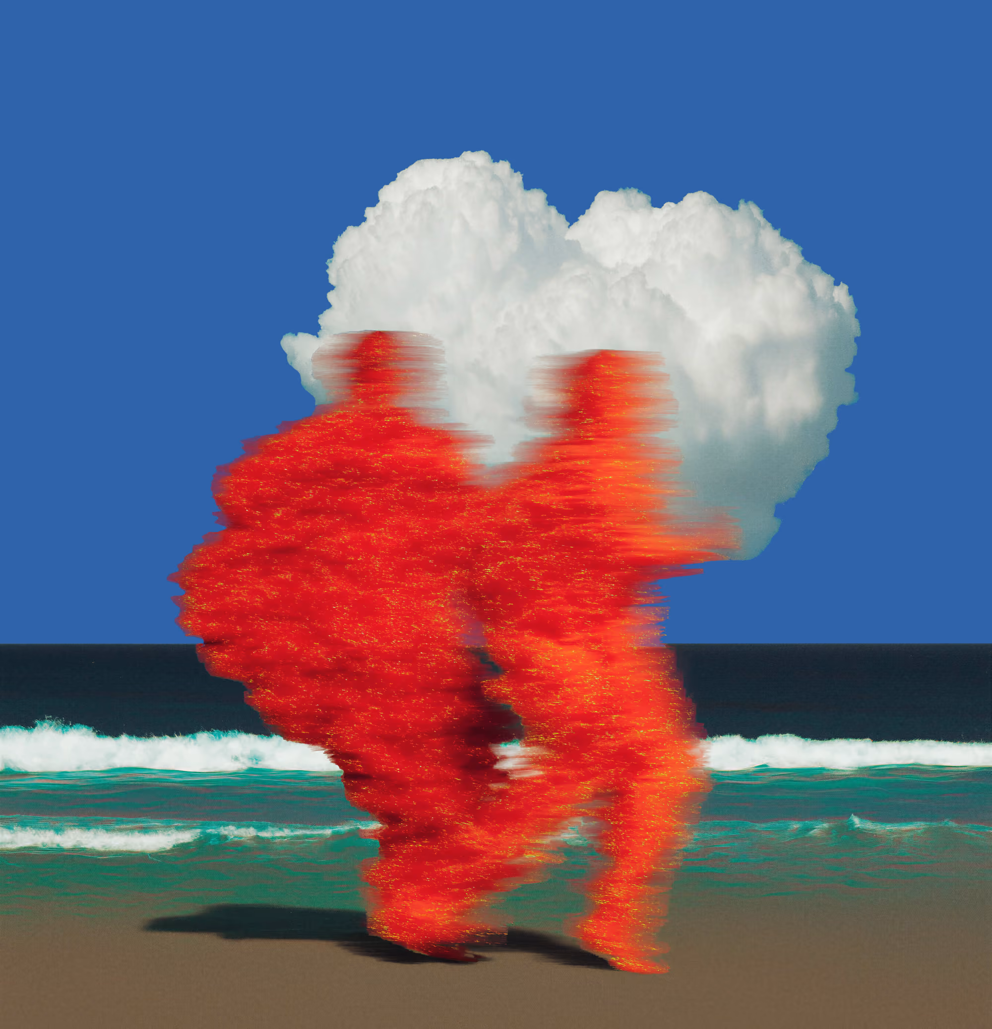 Two blurred red figures walking on a beach under a white cloud